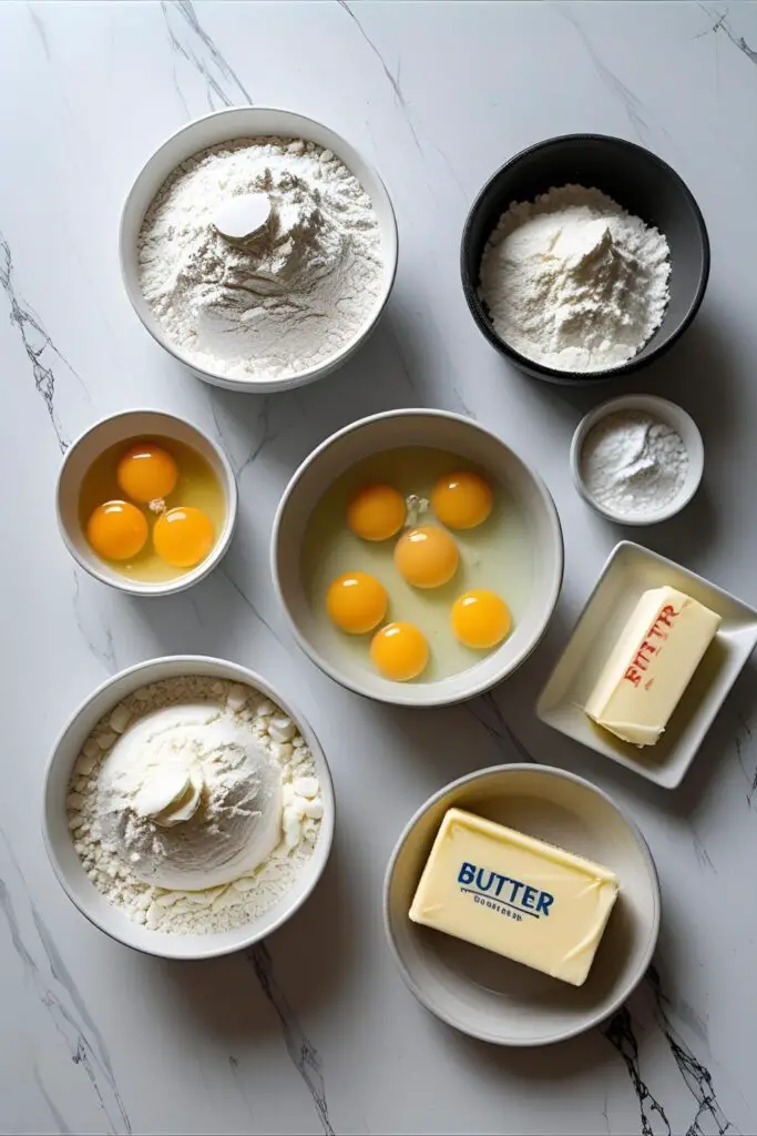 A flat-lay collage of the key ingredients for the white birthday cake recipe, including cake flour, egg whites in a glass bowl, butter, and buttermilk.
