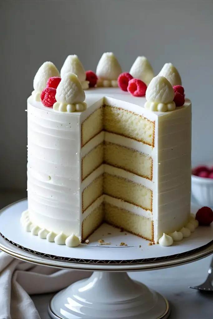 A beautiful three-layer white birthday cake on a cake stand, with one slice removed to reveal the moist and fluffy interior crumb.