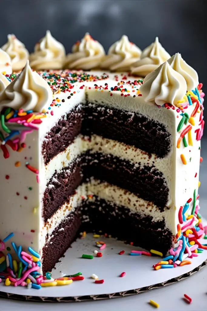A full view of the funfetti espresso martini cake, with a slice removed to reveal the colorful sprinkle-filled interior and dark frosting layers.