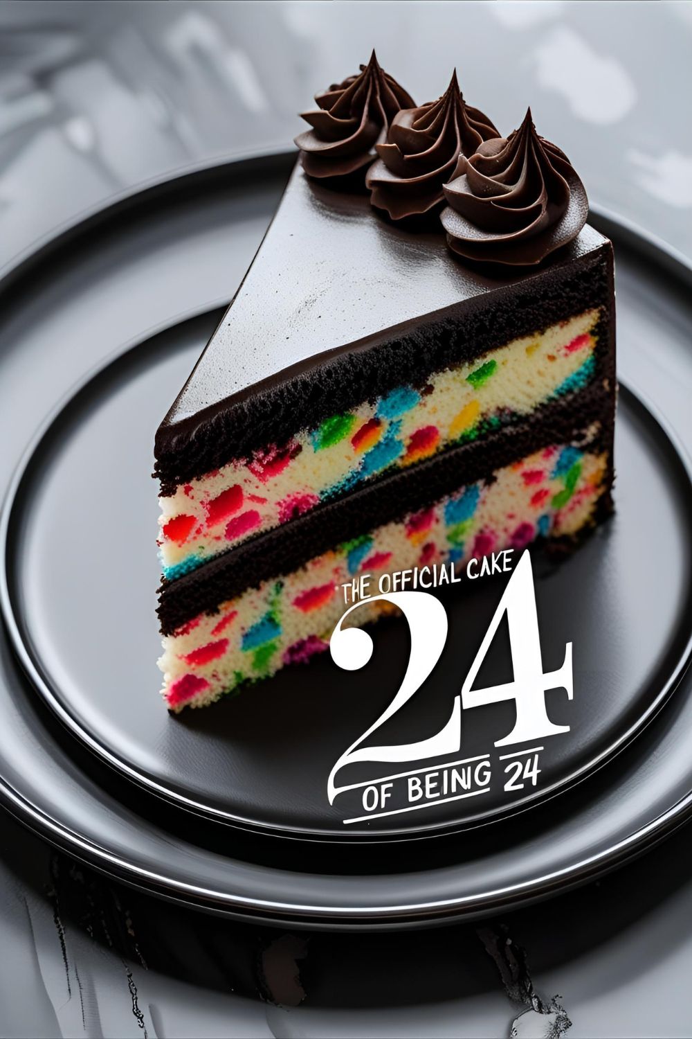 A slice of funfetti cake with dark espresso frosting, showing the colorful sprinkles inside. Text overlay reads: "The Official Cake of Being 24"