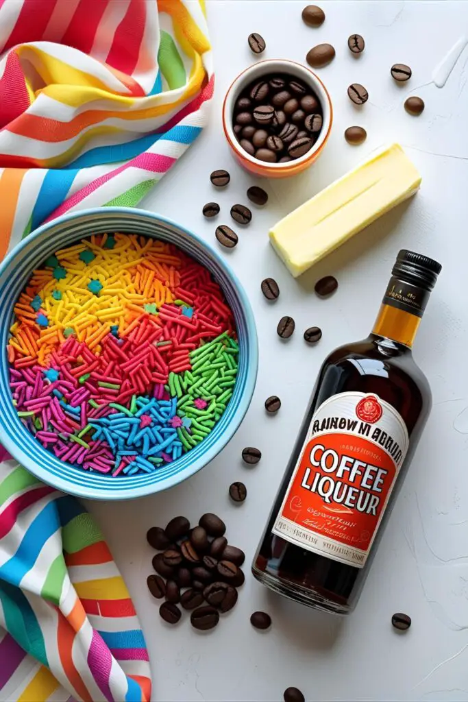 A flat-lay photo of ingredients for the 24th birthday cake, including rainbow sprinkles, coffee liqueur, coffee beans, and butter.