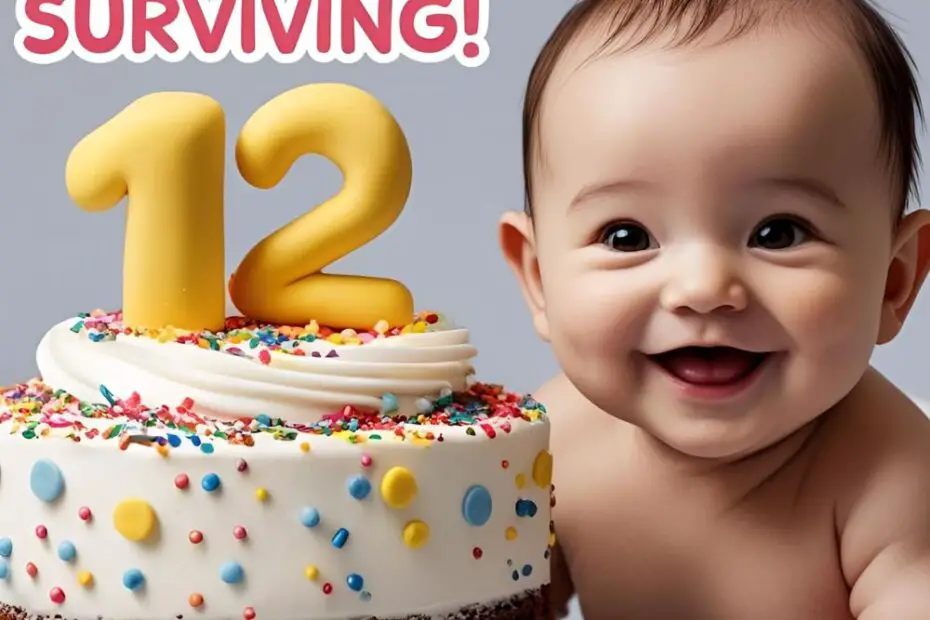 A cake cut in half to celebrate a 6 months birthday, next to a baby. Text overlay reads: "Congrats on Surviving!