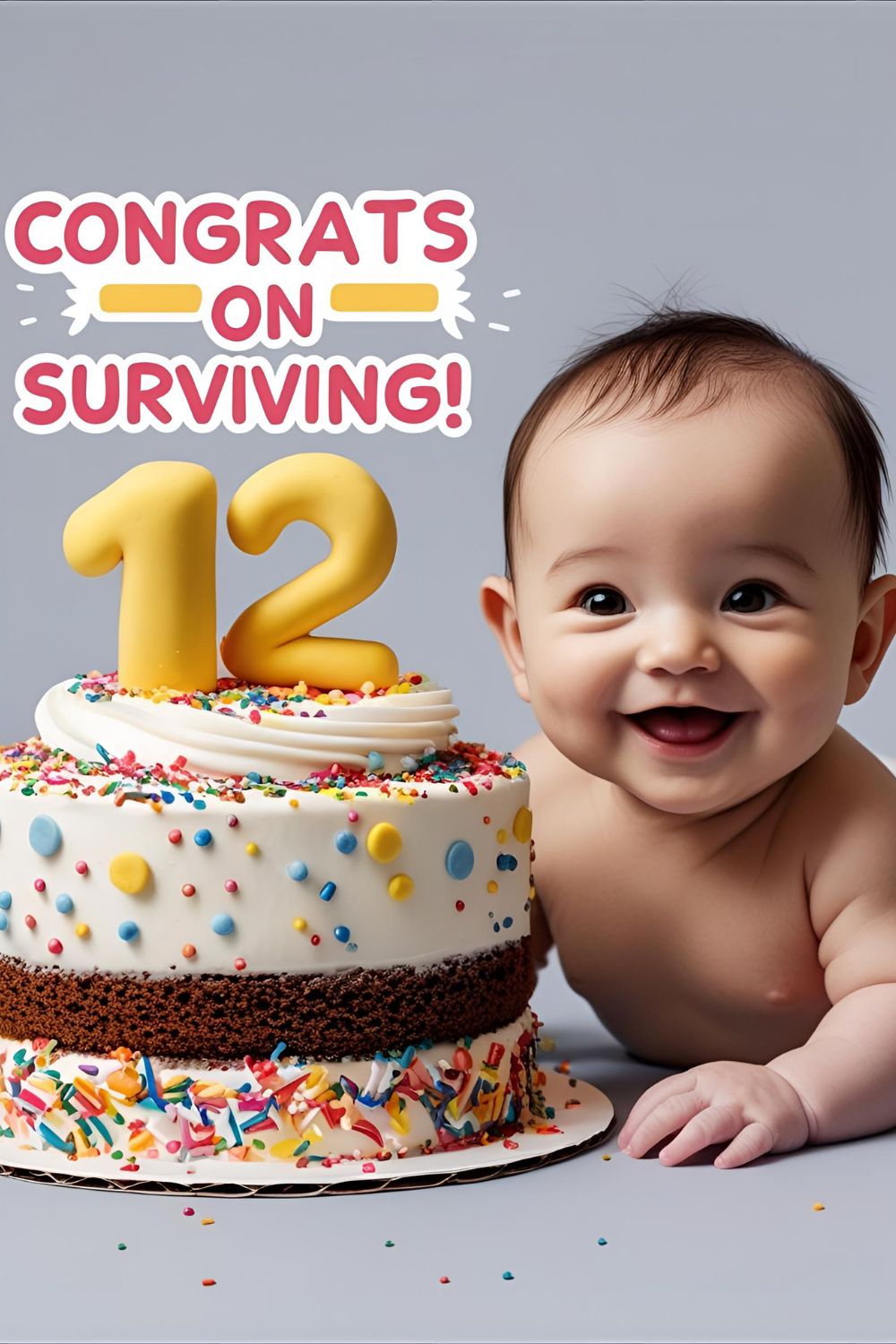 A cake cut in half to celebrate a 6 months birthday, next to a baby. Text overlay reads: "Congrats on Surviving!