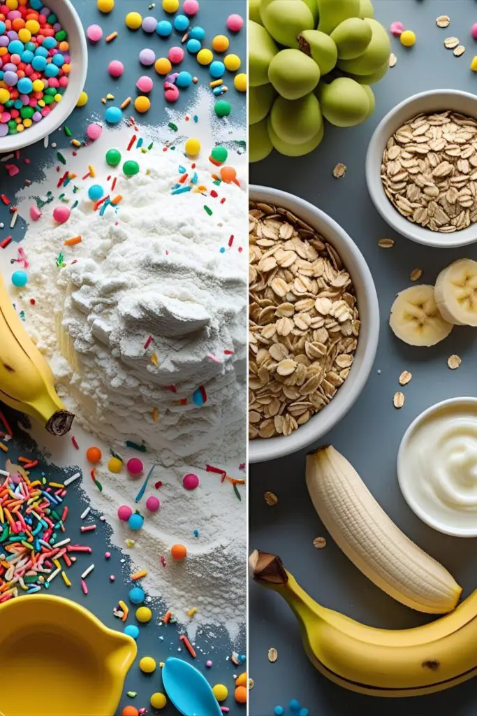A collage showing ingredients for a 6 months birthday cake: one side for the parents' funfetti cake and one for the baby-friendly smash cake.