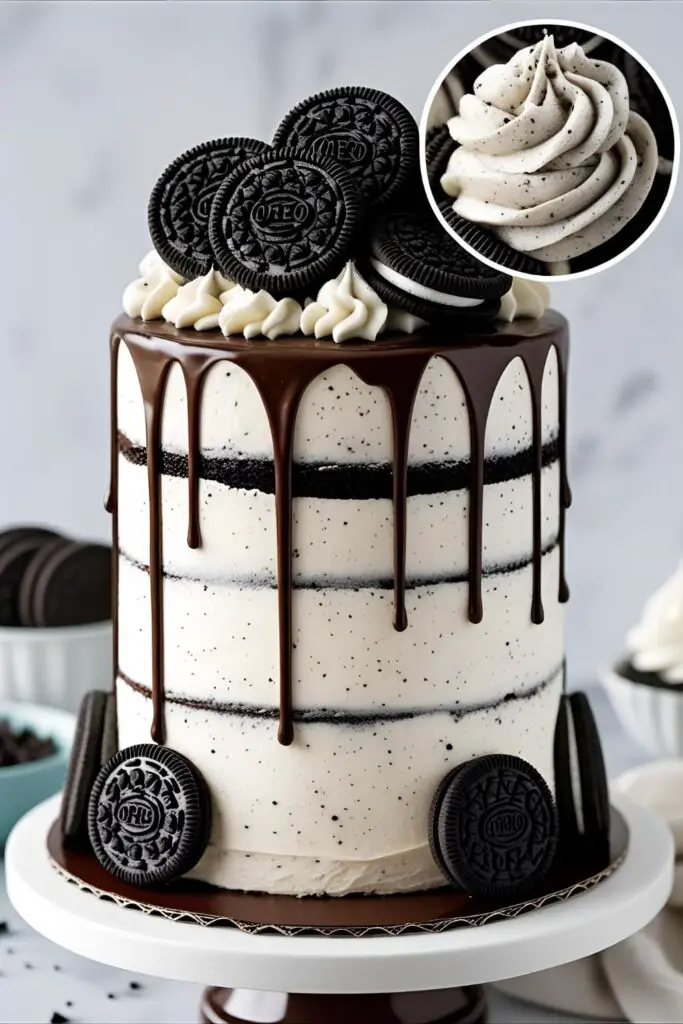 A fully decorated cookies and cream layer cake with a chocolate drip, with a close-up inset image showing the texture of the Oreo-flecked frosting.