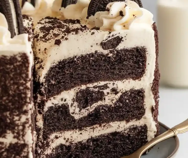 A tall slice of cookies and cream cake with Oreo pieces visible in the layers, with a text overlay that reads, "Your Inner Child Is Screaming"