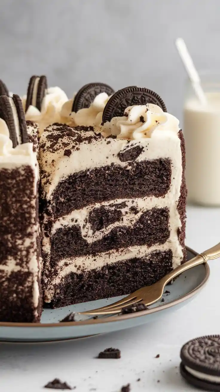 A tall slice of cookies and cream cake with Oreo pieces visible in the layers, with a text overlay that reads, "Your Inner Child Is Screaming"