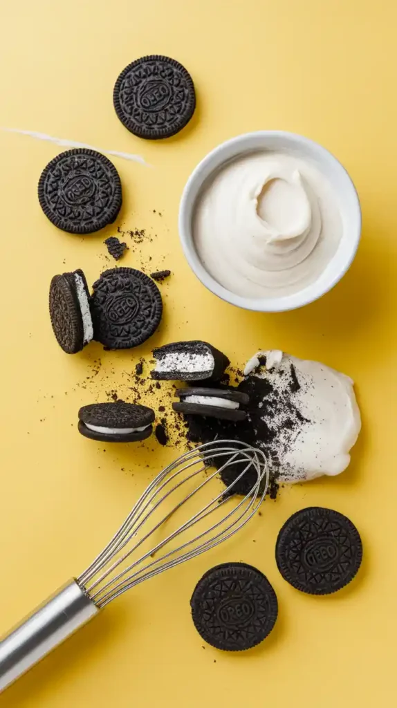A flat-lay photo of ingredients for a cookies and cream cake, featuring whole and crushed Oreo cookies and a bowl of white frosting.