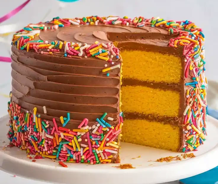 A classic yellow birthday cake with chocolate frosting and sprinkles, with the text overlay "The Only Homemade Birthday Cake Recipe You Need".