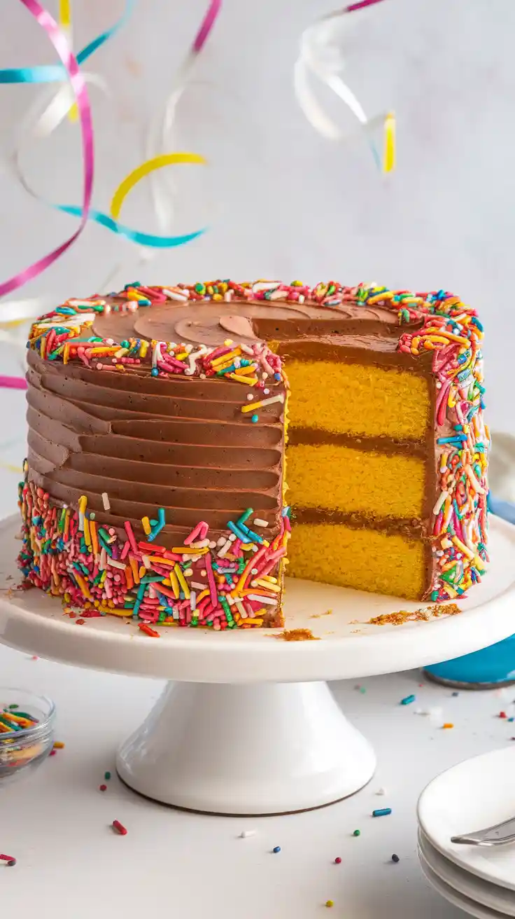 A classic yellow birthday cake with chocolate frosting and sprinkles, with the text overlay "The Only Homemade Birthday Cake Recipe You Need".