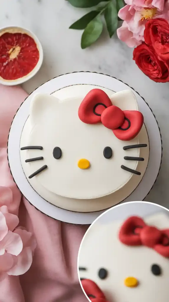 A top-down view of the finished Hello Kitty cake, with a close-up inset image showing the detail of her red fondant bow.