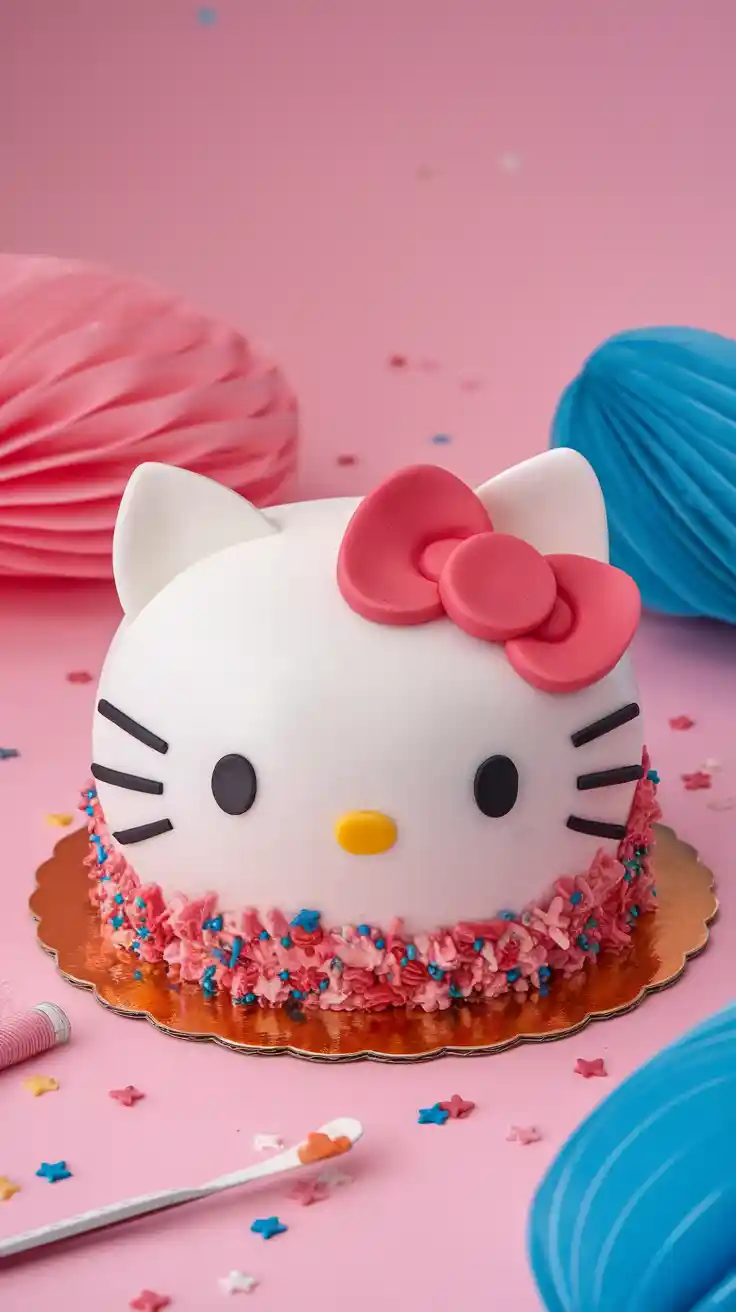 A bright, perfect Hello Kitty face cake on a cheerful pink background. Playful, cute text overlay says: "Hello, Cuteness!"