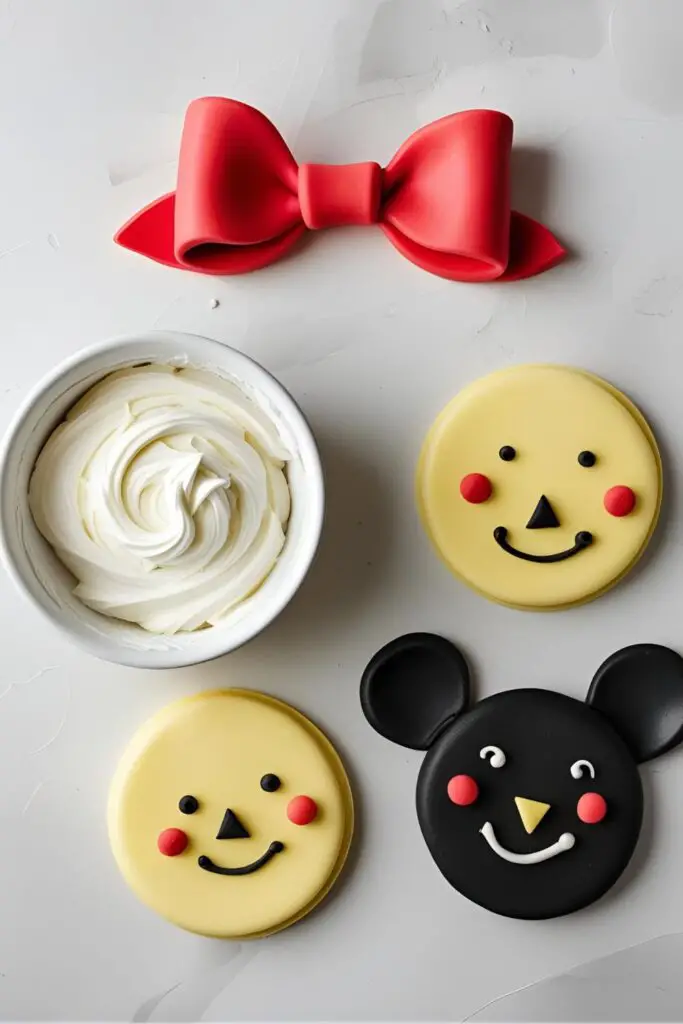 A flat-lay photo of the decorating supplies for a Hello Kitty cake, including a red fondant bow and the fondant face pieces.