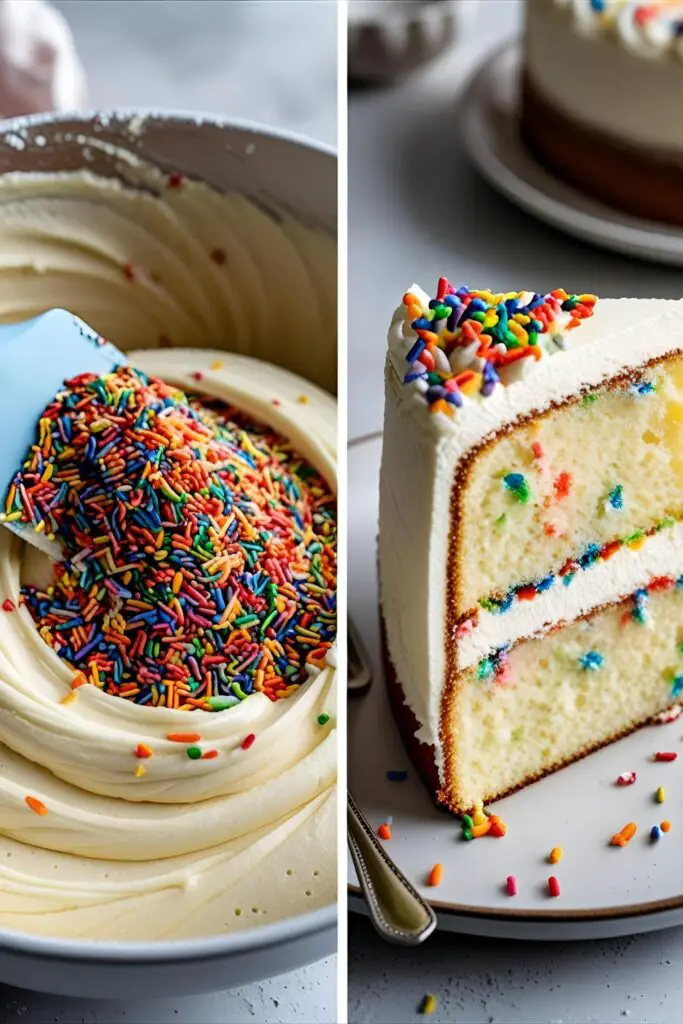  Two images showing the process of folding sprinkles into cake batter and a perfect slice of the finished Funfetti cake.