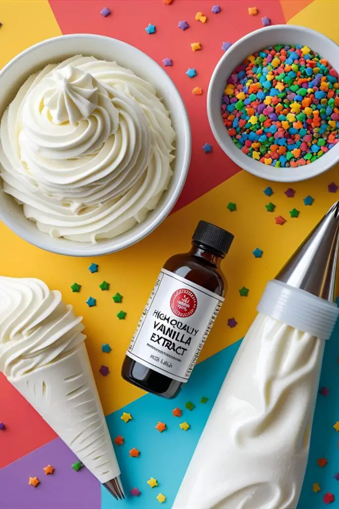  A collage of ingredients for a Funfetti birthday cake, including buttercream, vanilla, and rainbow sprinkles.
