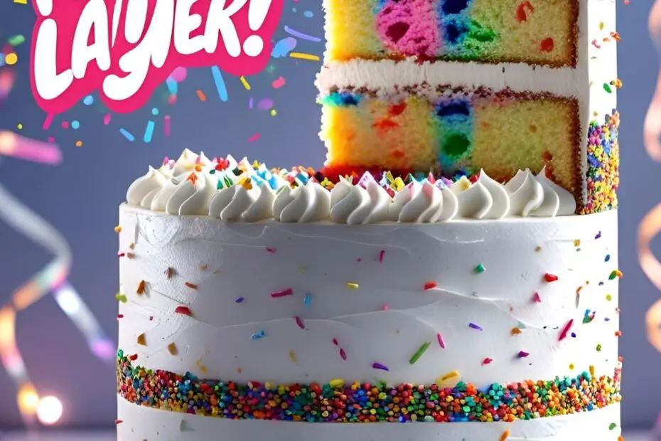 A colorful Funfetti layer cake with a slice out and the text overlay "The Only Cake for Birthday Recipe You Need".