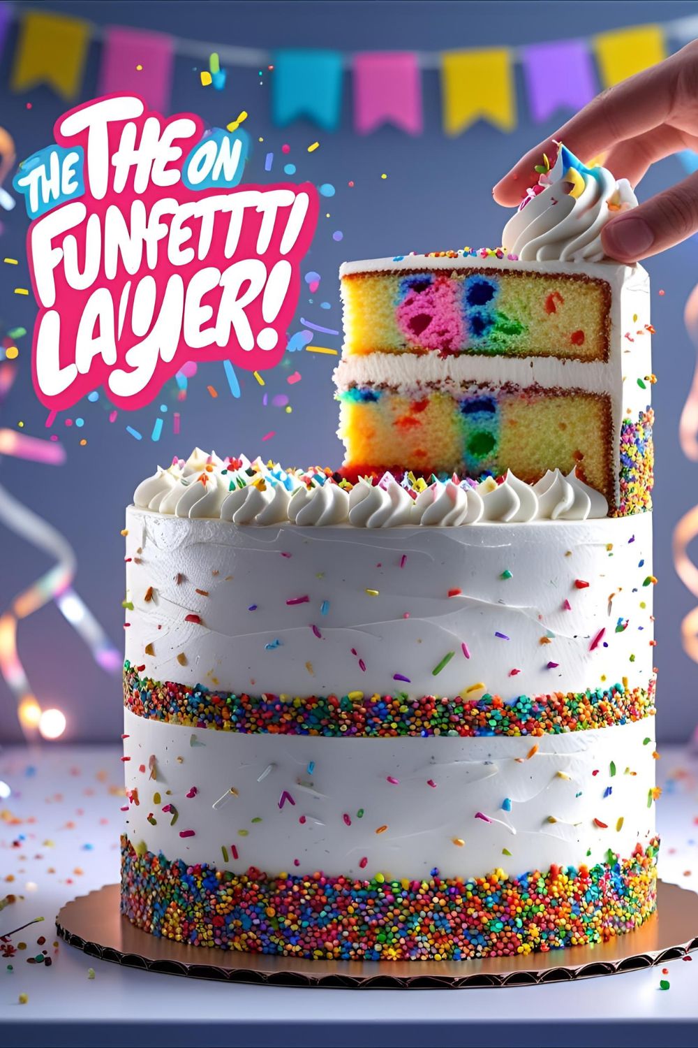 A colorful Funfetti layer cake with a slice out and the text overlay "The Only Cake for Birthday Recipe You Need".