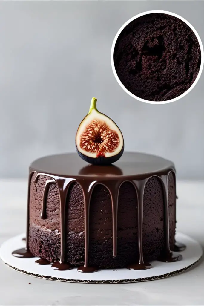 A minimalist dark chocolate cake with a glossy ganache drip, topped with fresh figs. An inset image shows a close-up of the moist cake texture.