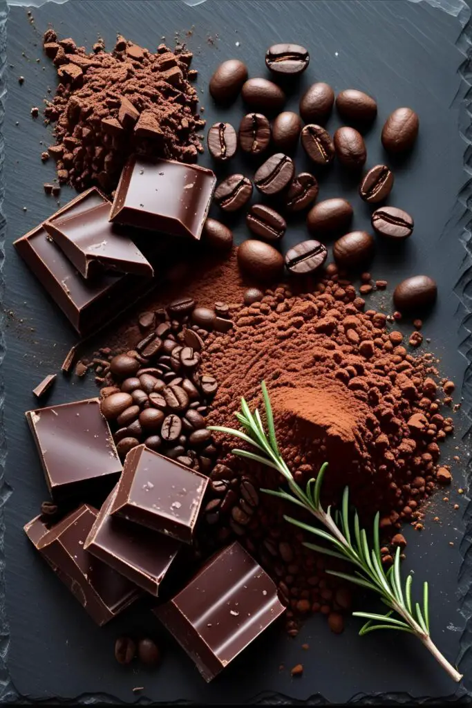 A moody flat-lay of ingredients for an aesthetic chocolate cake, including dark chocolate, Dutch-process cocoa, and coffee beans.