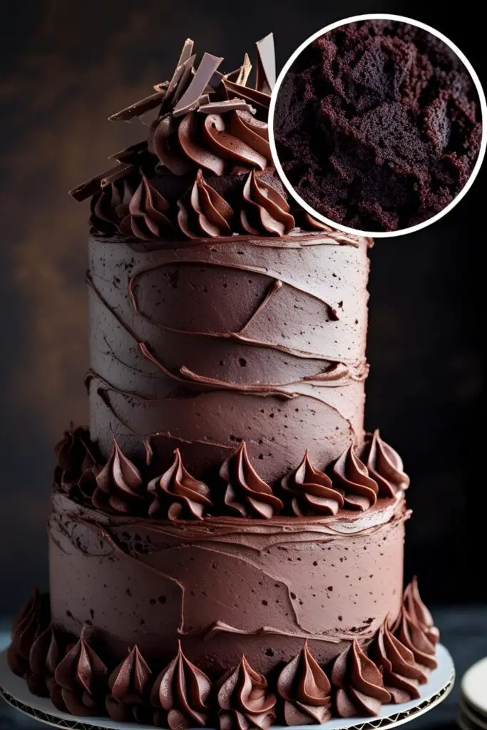A full view of a rich birthday cake chocolate with fudgy frosting swirls, with a close-up inset showing the moist, dark cake texture.