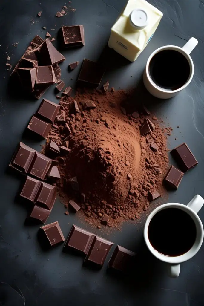A moody flat-lay of ingredients for a chocolate cake, including Dutch-process cocoa powder, coffee, and buttermilk.