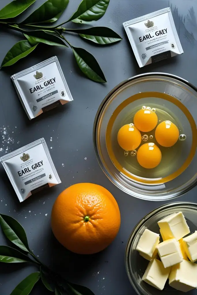 A moody flat-lay of ingredients for an Earl Grey cake, including tea bags, an orange, and butter.