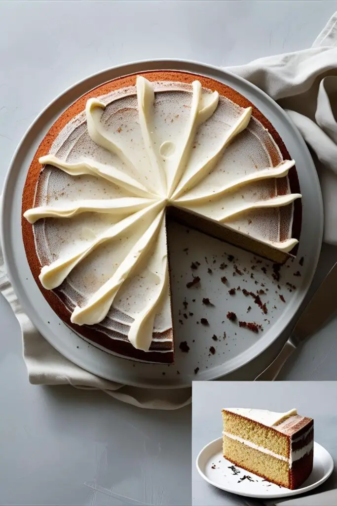 A top-down view of the minimalist Frank Ocean cake, with a close-up inset image showing the texture of the Earl Grey-infused cake crumb.