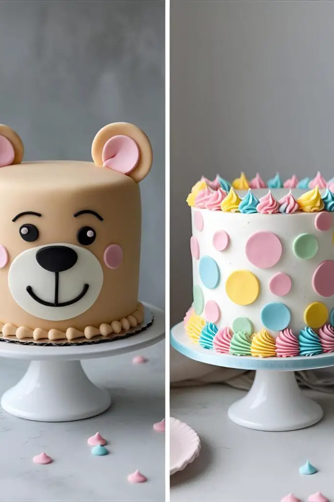 Two examples of cute cake ideas: one cake decorated like a bear's face, and another decorated with pastel polka dots.