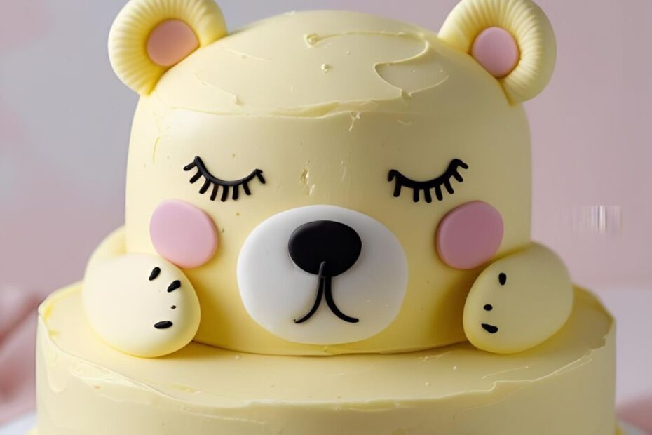 A cute cake decorated like a sleepy bear's face. A text overlay reads: "Almost Too Cute to Eat"