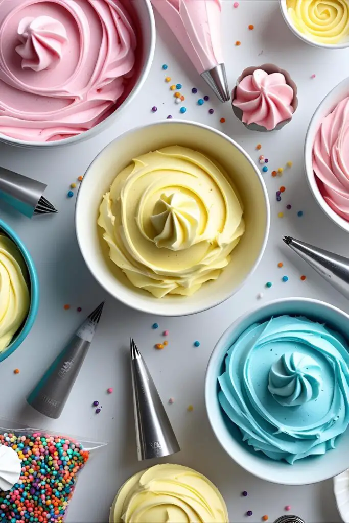 A collage of cake decorating supplies for cute cake ideas, including bowls of pastel frosting and colorful sprinkles.