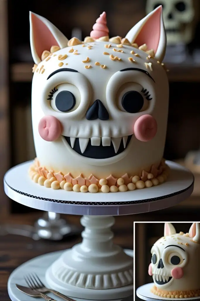 A full view of the finished Kuromi birthday cake, with a close-up inset image showing the detail of the fondant face and skull.