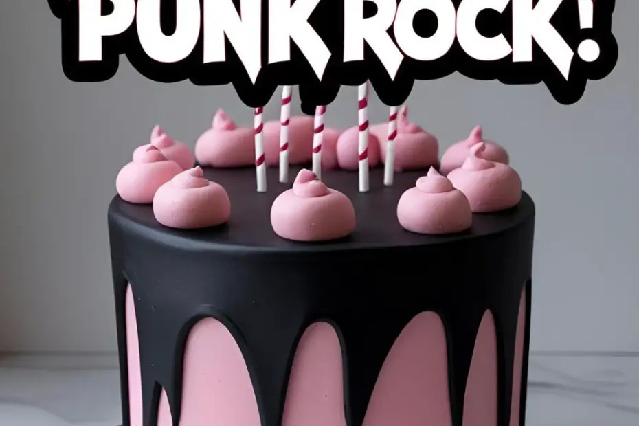 A finished birthday cake decorated to look like the Sanrio character Kuromi, with a text overlay that reads, "Cute, but make it Punk Rock".