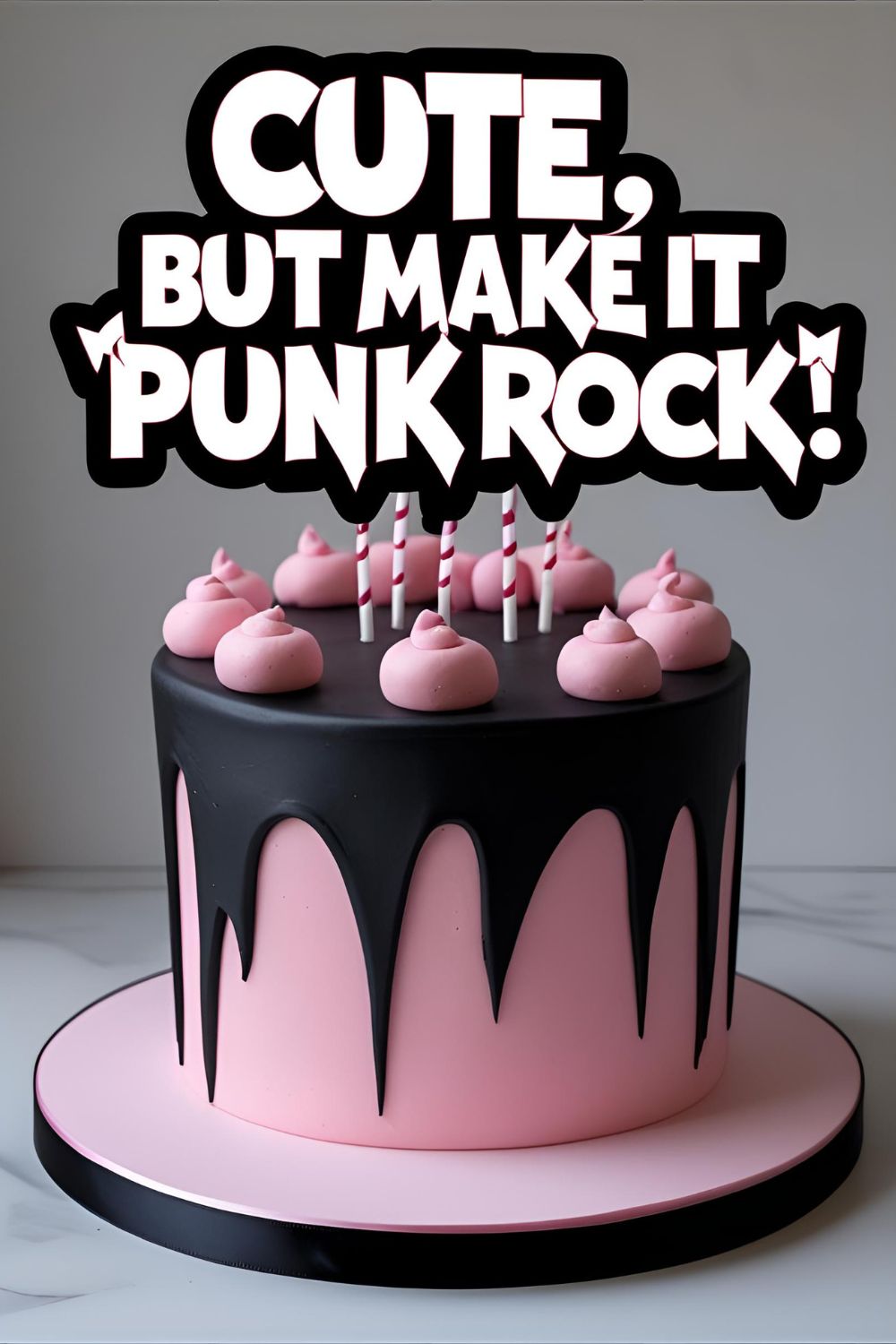 A finished birthday cake decorated to look like the Sanrio character Kuromi, with a text overlay that reads, "Cute, but make it Punk Rock".