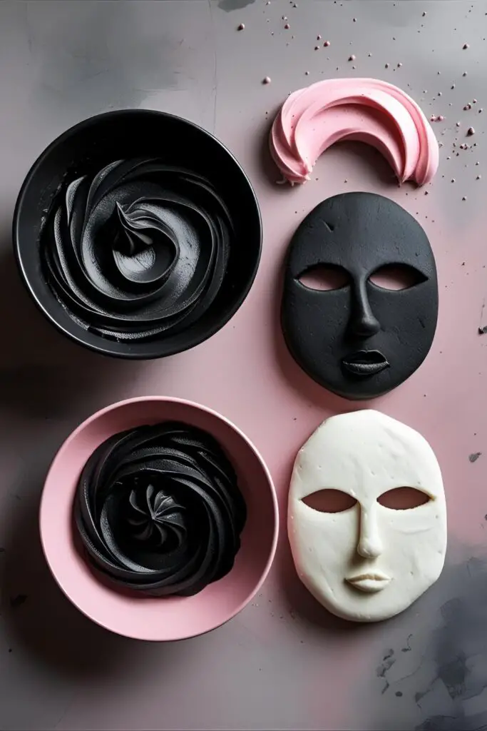 A flat-lay photo of supplies for a Kuromi cake, including black frosting and fondant pieces for Kuromi's face and skull bow.