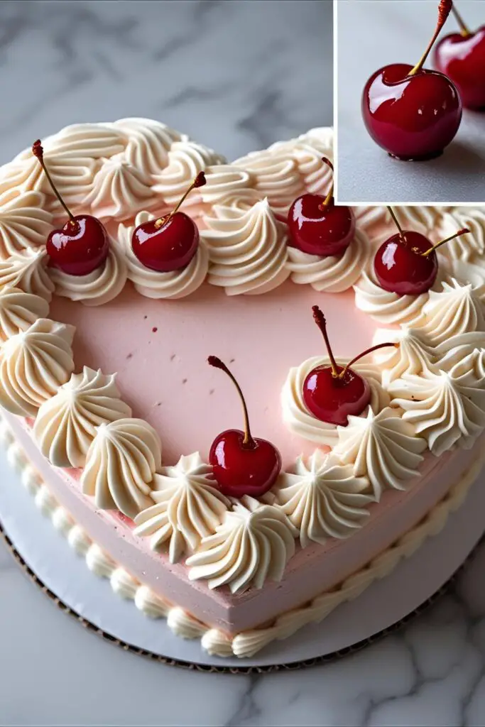 A top-down view of a finished vintage heart cake, with a close-up inset image showing the detail of a single maraschino cherry on a buttercream swirl.