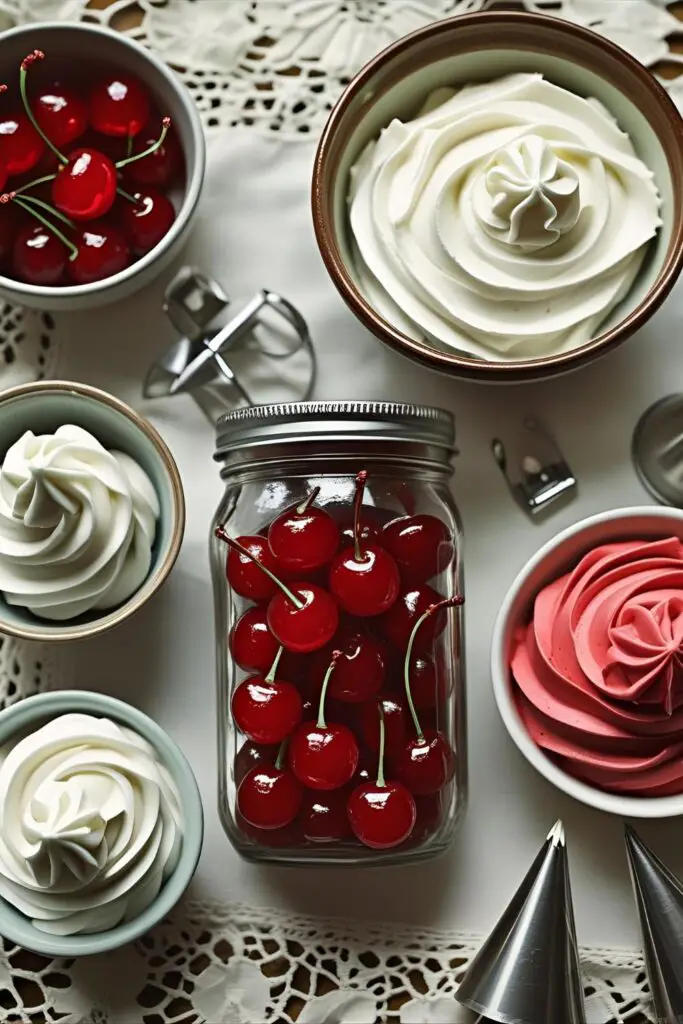  A vintage-style flat-lay of ingredients for a Lana Del Rey cake, including maraschino cherries, buttercream, and piping tips.