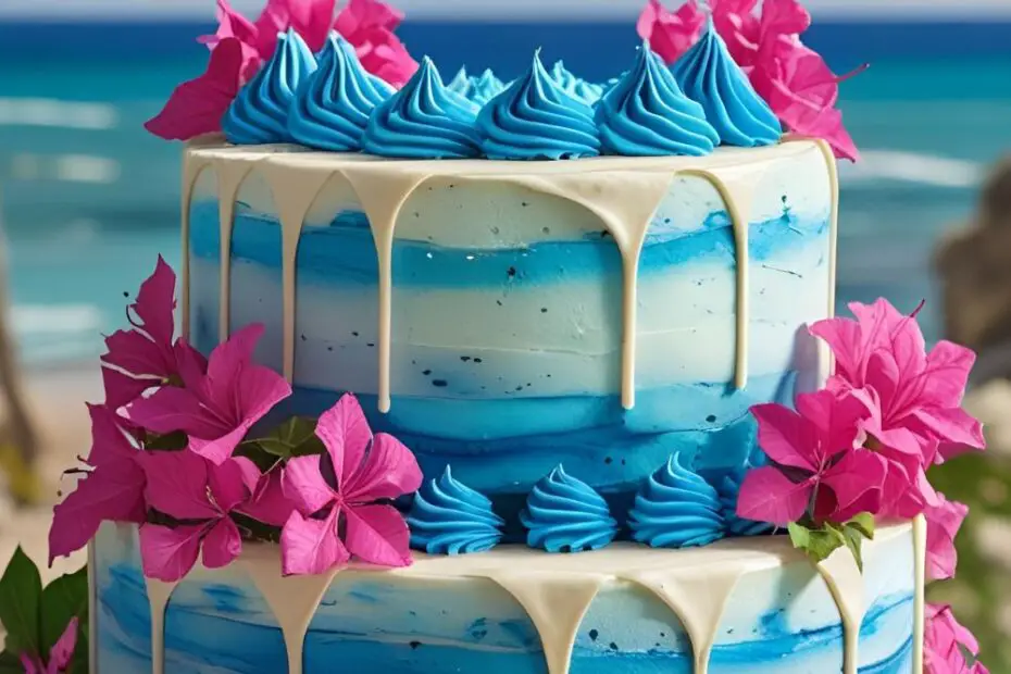 A beautiful Mamma Mia themed cake with blue and white frosting and pink flowers, with a text overlay that reads, "Here I Go Again!".