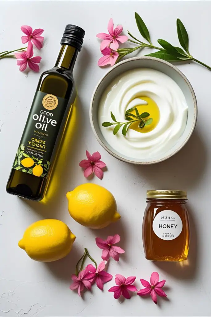 A flat-lay photo of ingredients for the Mamma Mia cake, including lemons, olive oil, Greek yogurt, honey, and edible flowers.