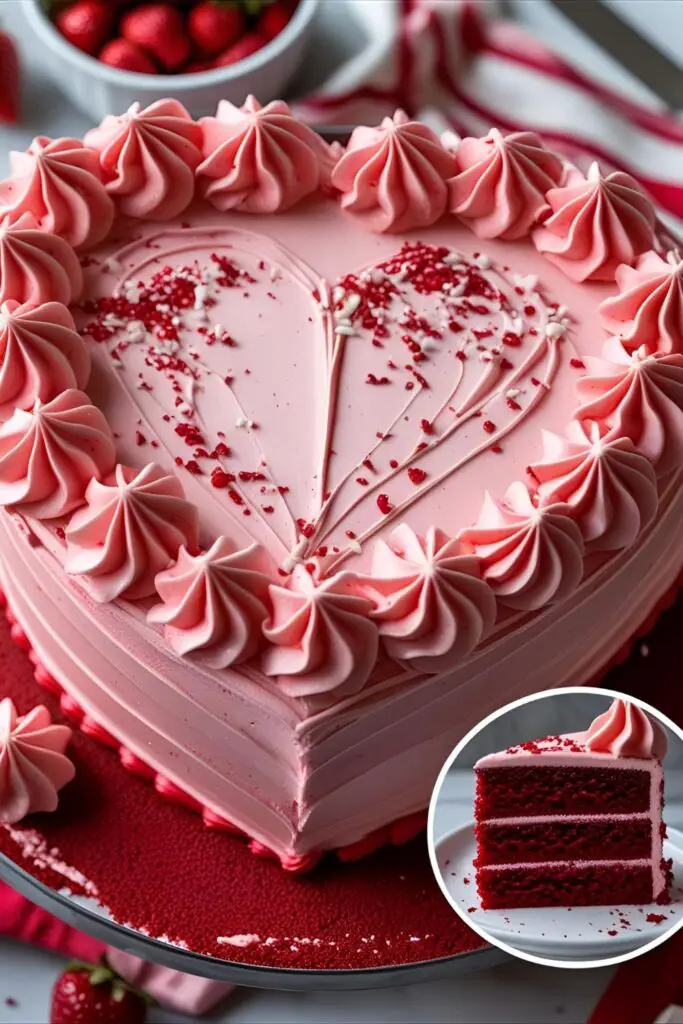 A top-down view of a finished vintage red velvet heart cake, with a close-up inset image showing the dramatic red cake crumb.