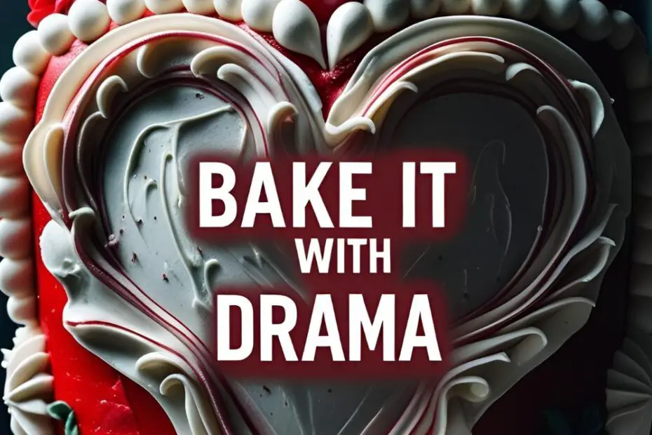 A dramatic vintage red velvet heart cake with elaborate white piping. Text overlay reads: "Bake it with Drama"
