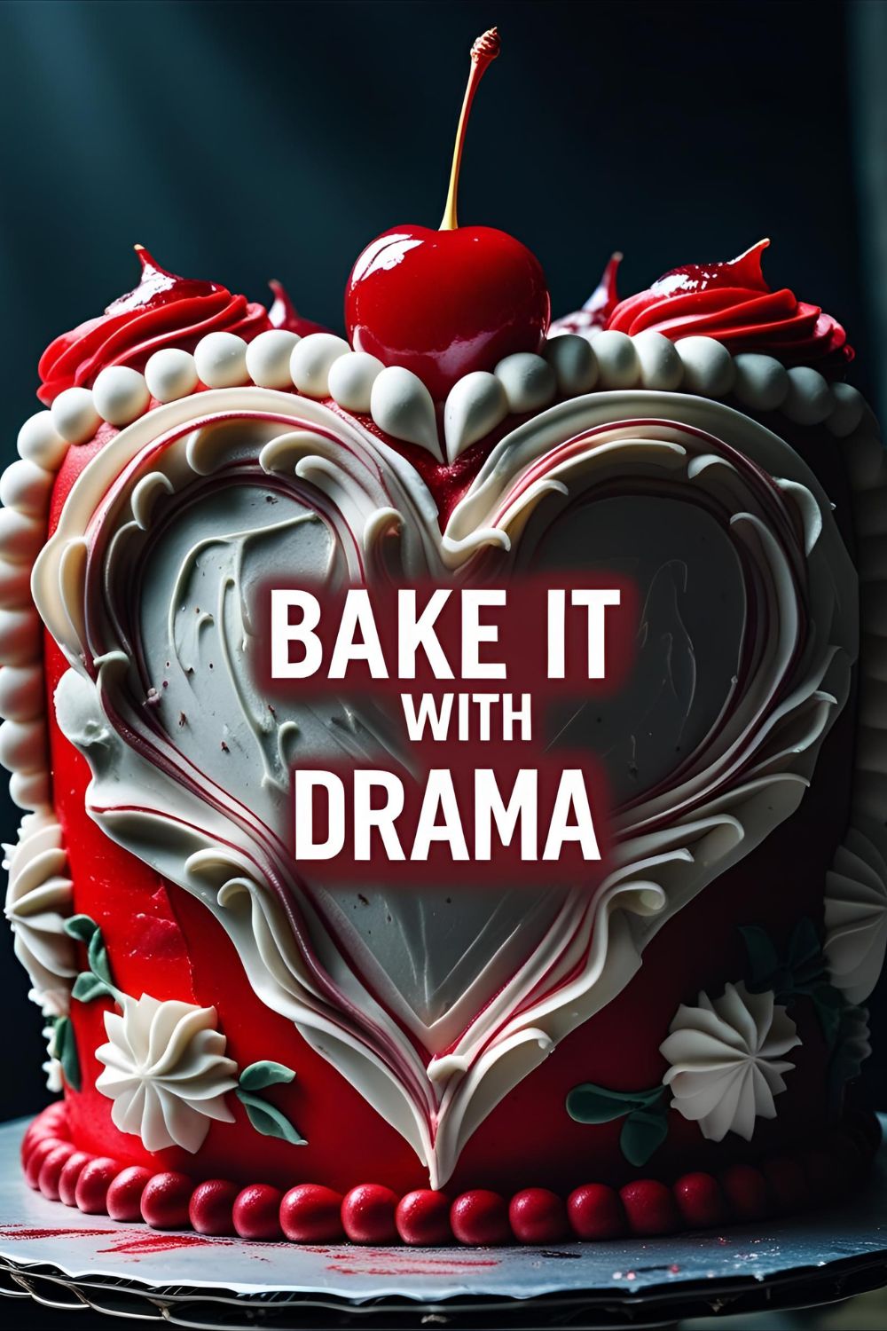 A dramatic vintage red velvet heart cake with elaborate white piping. Text overlay reads: "Bake it with Drama"