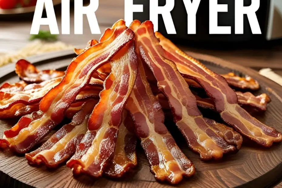 Golden crispy bacon strips in air fryer basket, ready to serve.