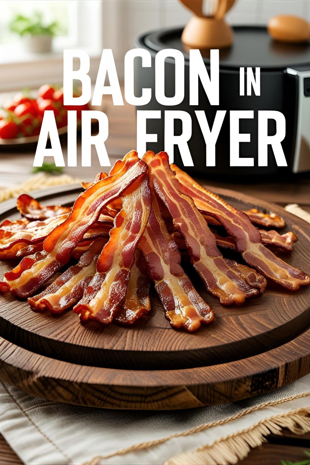 Golden crispy bacon strips in air fryer basket, ready to serve.