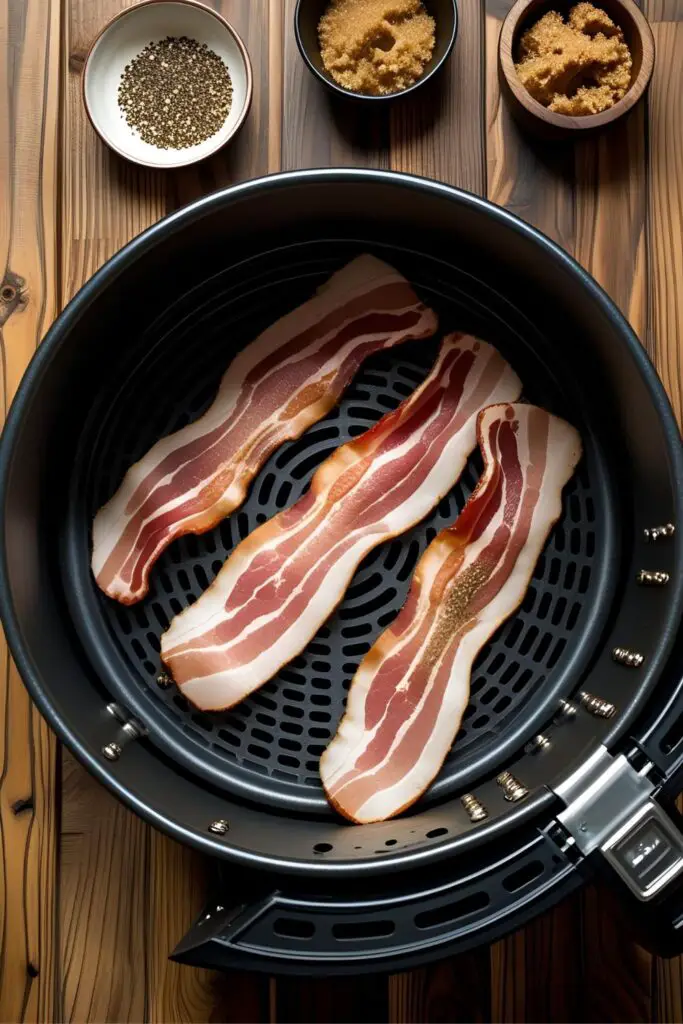 Crispy bacon slices plated next to air fryer basket on countertop.