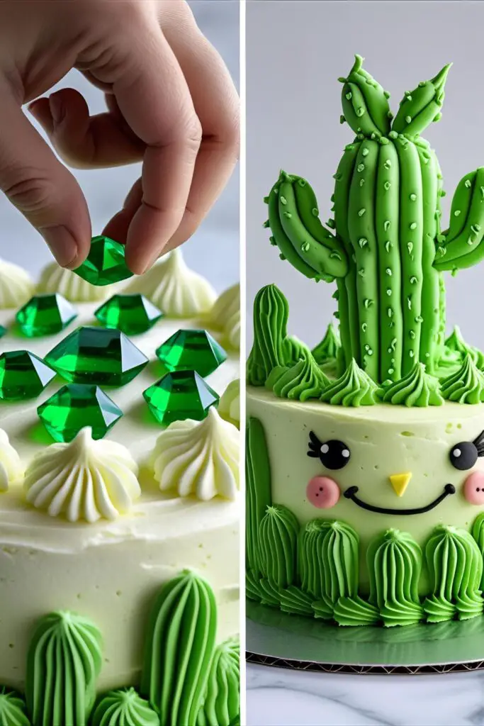  Two images showing the process of adding gems to a Brawl Stars cake and a finished Spike character cake.