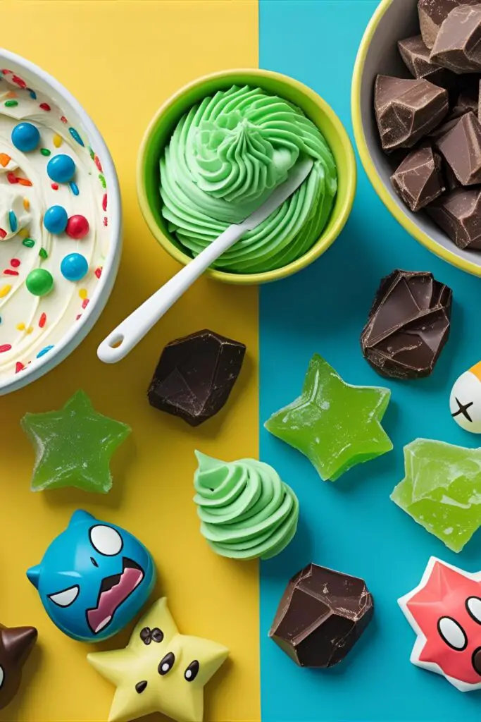 A collage of ingredients and decorations for a Brawl Stars cake, including Funfetti batter, green rock candy, and character toppers.