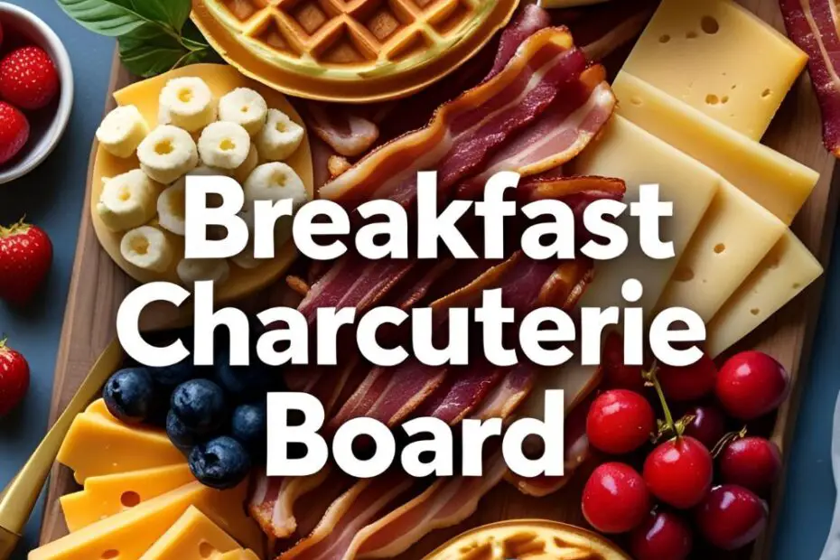 Ultimate Breakfast Charcuterie Board with waffles, bacon, fruit, cheese