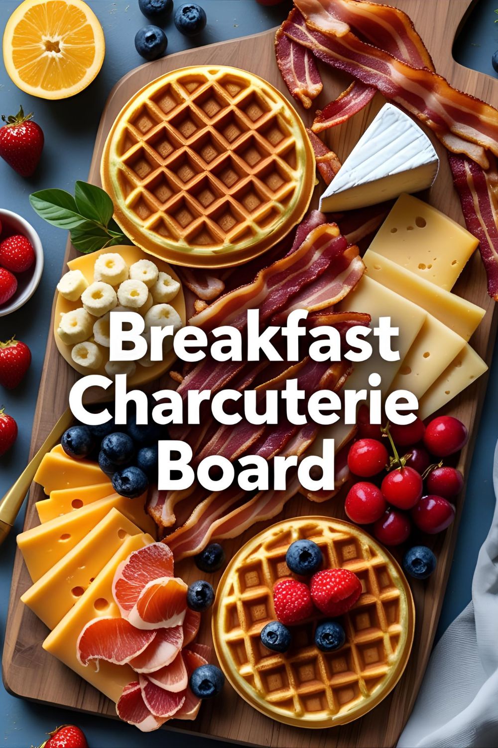 Ultimate Breakfast Charcuterie Board with waffles, bacon, fruit, cheese