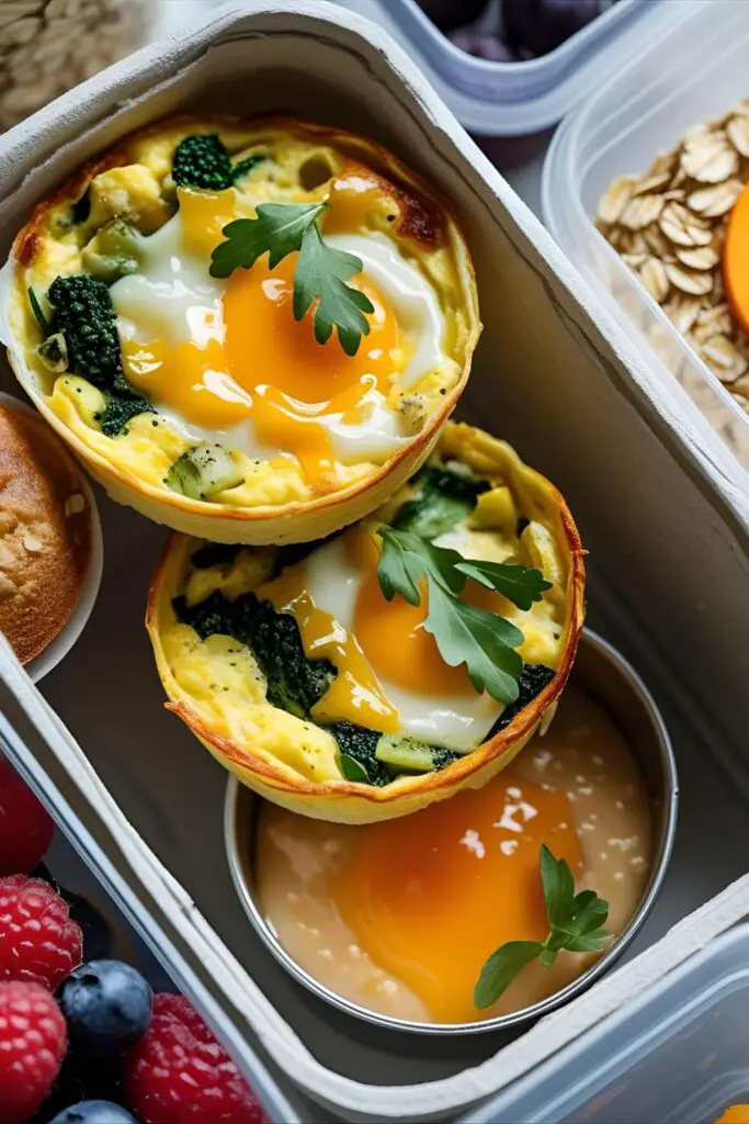 Close-up of breakfast meal prep tray with overnight oats, egg muffins, and chia pudding containers