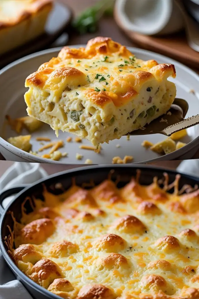 Close‑up of cheesy egg casserole slice being lifted from pan